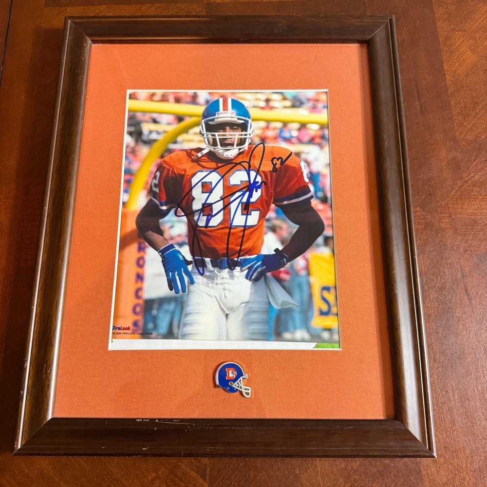 Vance Johnson Signed Denver Broncos  Photo Framed Orange Mat Helmet Pin 82